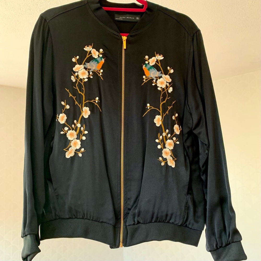 Zara Black Bomber Jacket with Floral Embroidery